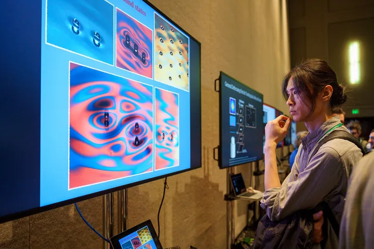 An attendee at the DFD meeting looks at a screen of fluid images